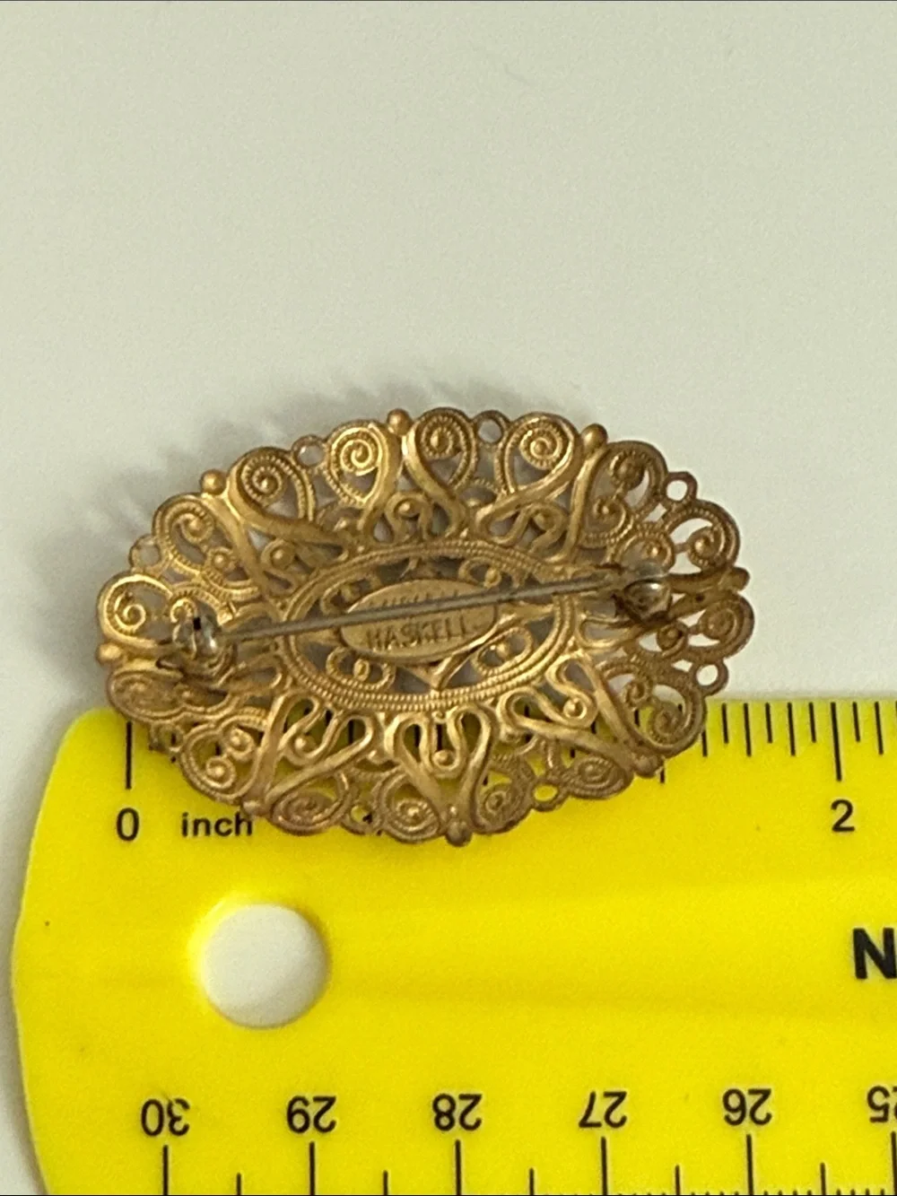 Vintage Miriam Haskell antique revival gold tone Filigree Oval Brooch pin